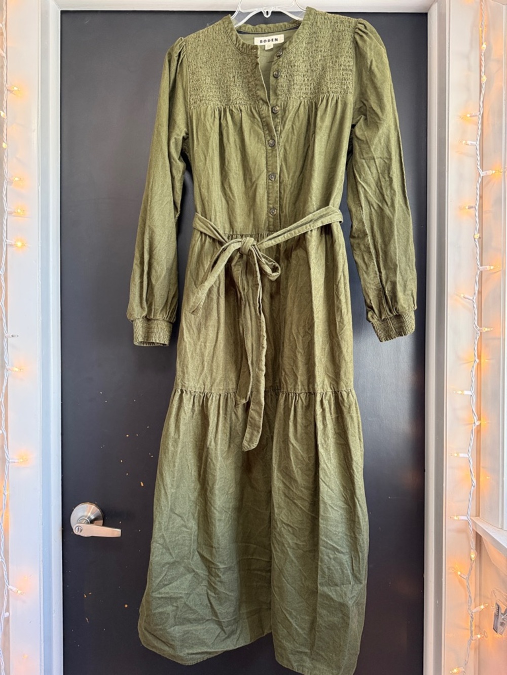 Boden Olive Green corduroy Maxi Dress with Smocked Yoke and Tie Waist